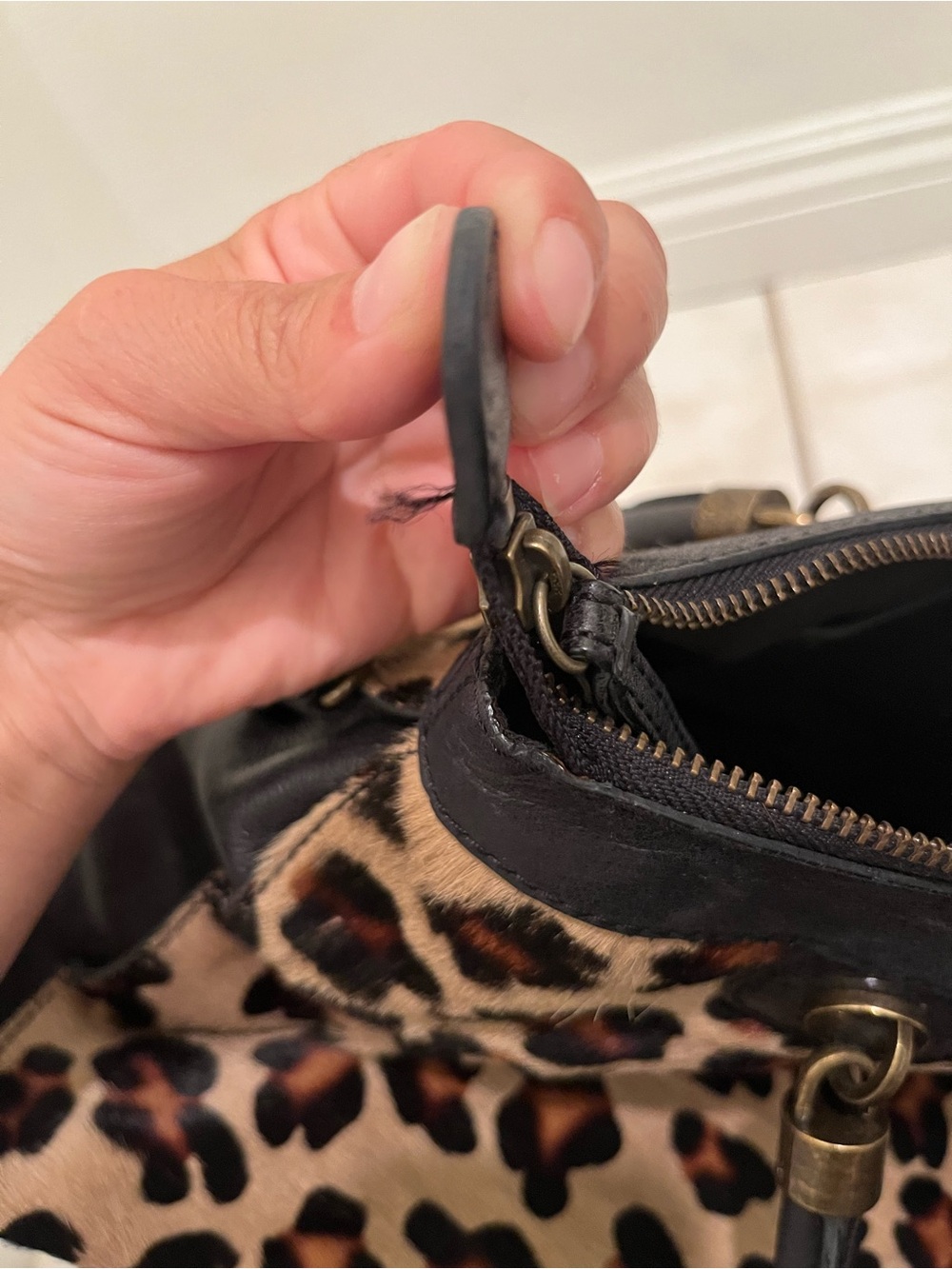 Vintage 90s Nordstrom Leopard Calf Hair & Leather Satchel Bag – Turn Lock Black - Picture 2 of 12